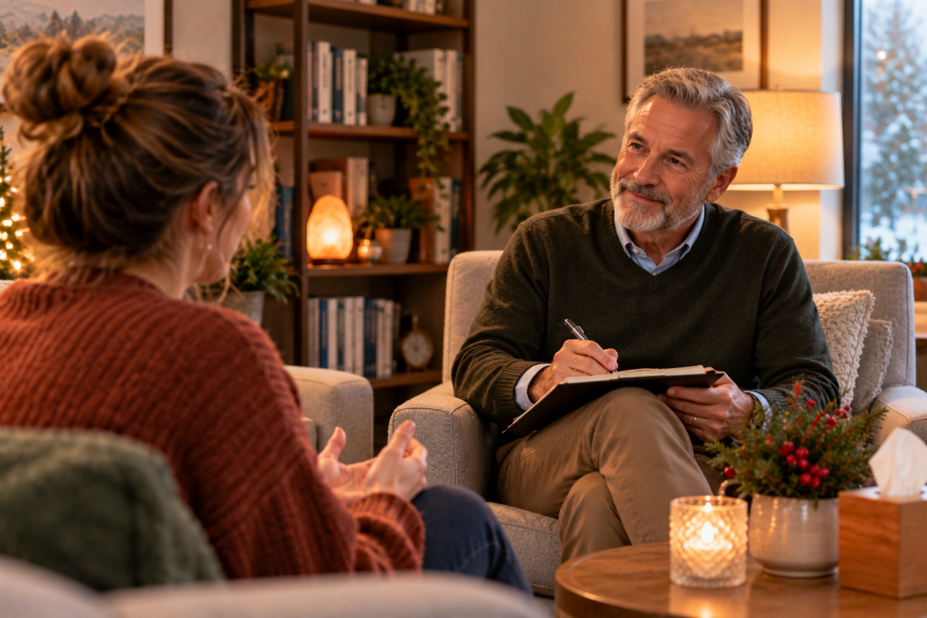 Person talking with a warm, attentive counselor in a softly lit office.