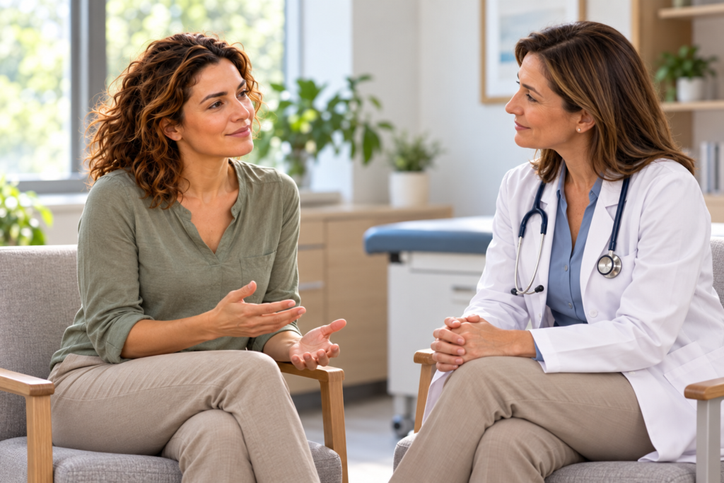 Woman talking with an attentive doctor in a bright, calm office.