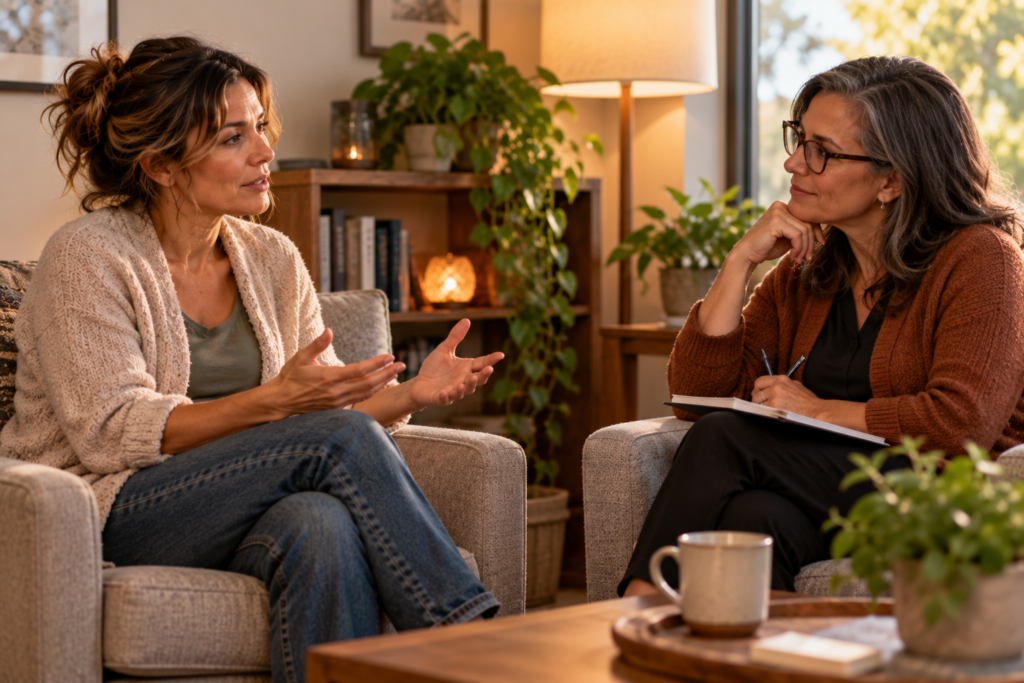 Person talking openly with a warm, attentive counselor in a softly lit office.