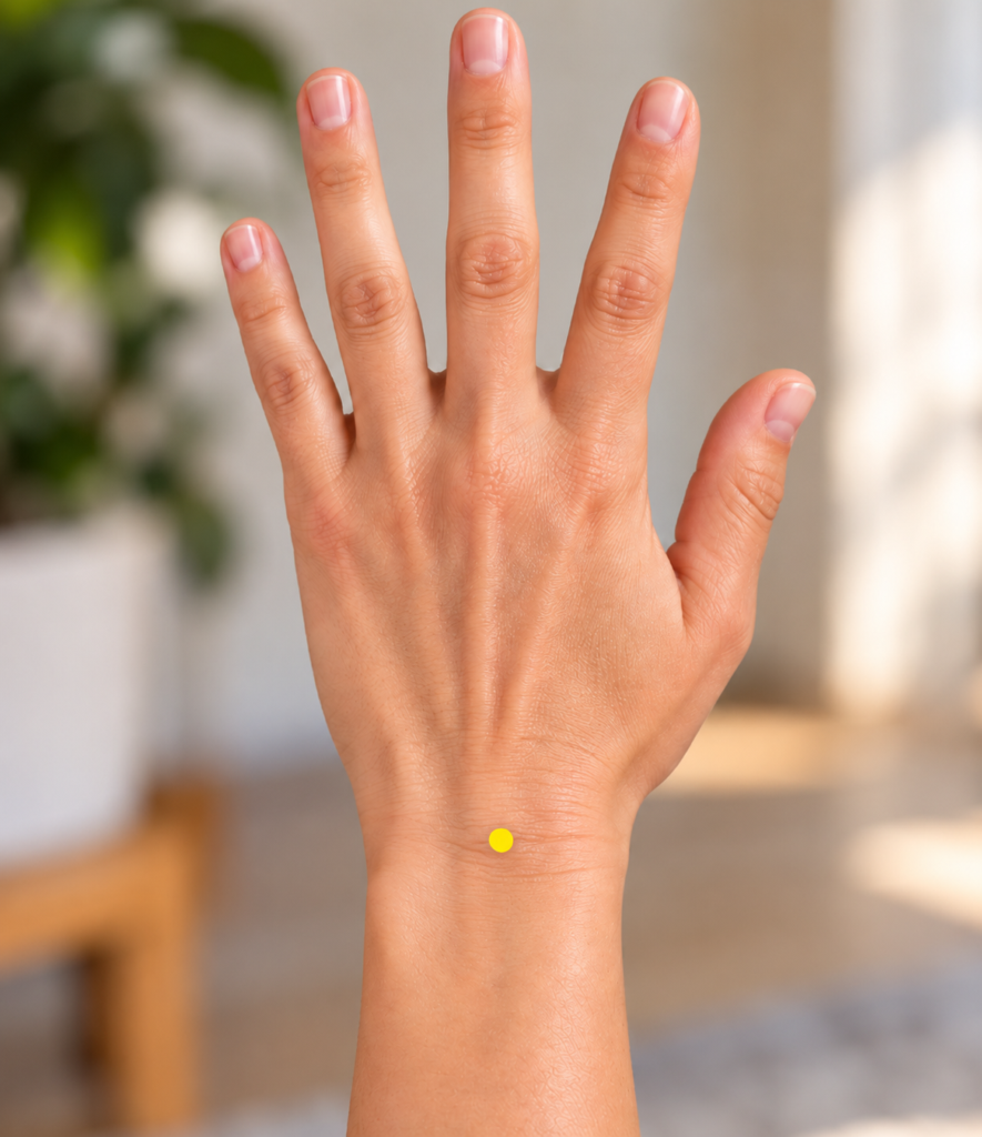 Close-up of the back of the wrist, with a yellow dot marking TE4 on the wrist crease beside the finger tendons.