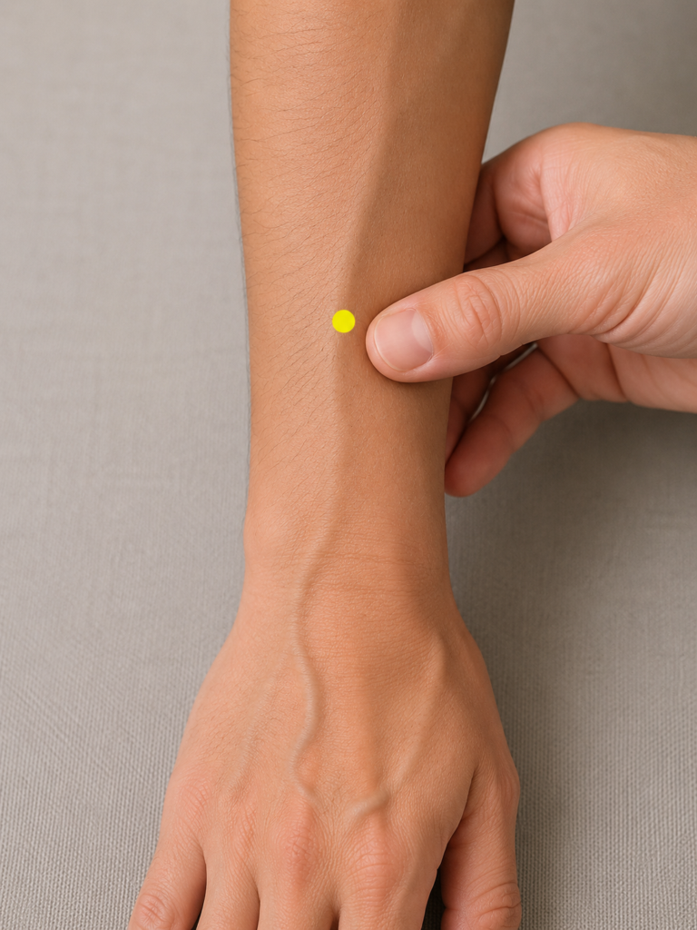 Close-up of the back of the forearm, with a yellow dot marking TE6 four finger-widths above the wrist.