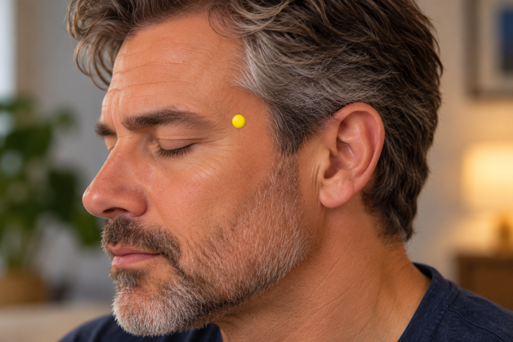 Close-up of the side of a person’s face, with a yellow dot marking Taiyang in the hollow of the temple.