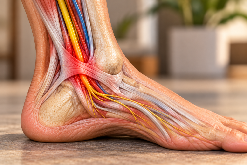 Anatomical illustration of inflammation surrounding the tibial nerve as it passes through the tarsal tunnel at the inner ankle.
