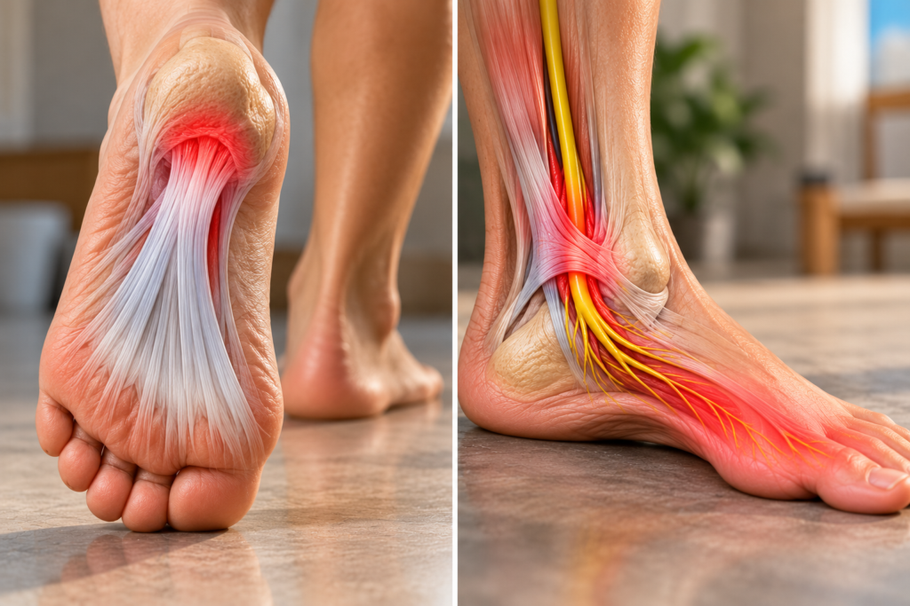 Anatomical comparison of plantar fasciitis inflammation at the heel and tarsal tunnel syndrome affecting the tibial nerve at the inner ankle.