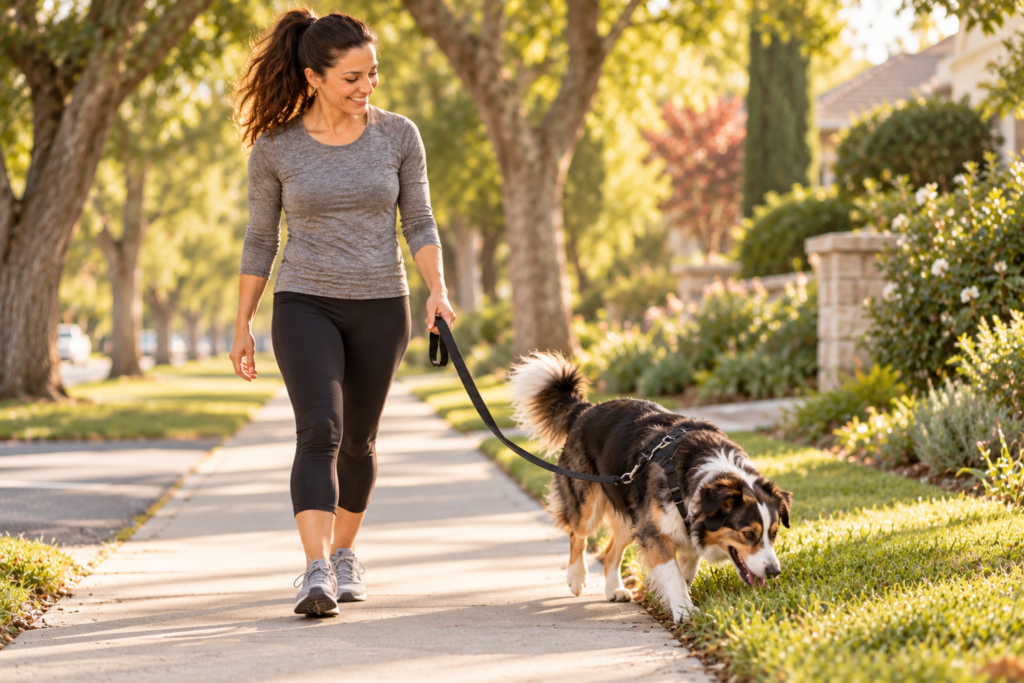 Person walking a dog along a tree-lined neighborhood sidewalk, the dog sniffing the grass.
