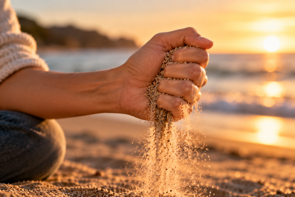 Sand slipping through tightly clenched fingers over a beach in warm light.