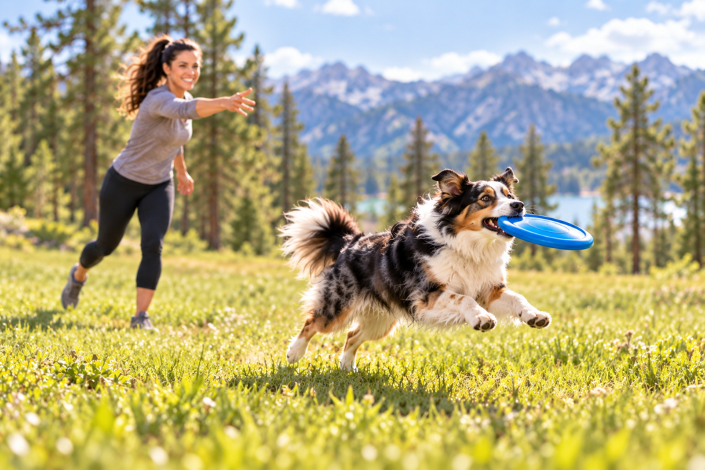 Dog leaping to catch a flying disc in a sunny park, a person mid-throw behind it.