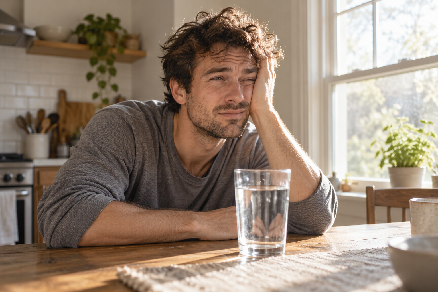 Person at a kitchen table in the morning, head in one hand, squinting, a large glass of water in front of them.
