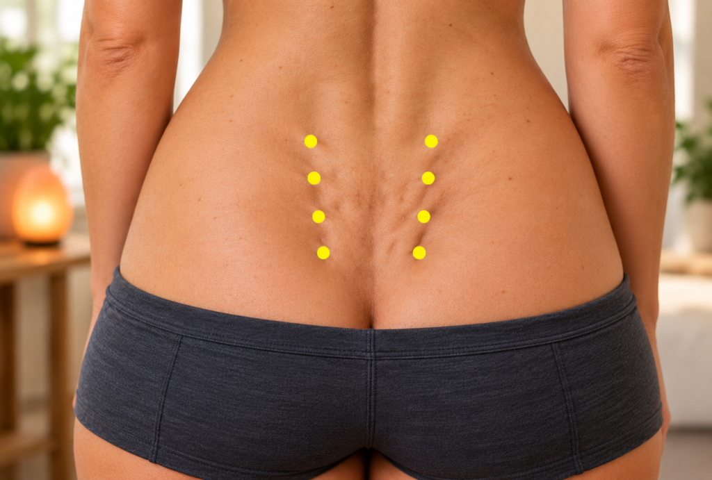 Close-up of the lower back with eight yellow dots marking the sacral points in the hollows down both sides of the sacrum.