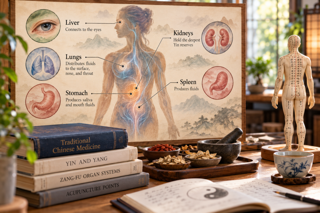 Traditional Chinese Medicine illustration showing the Liver, Kidneys, Lungs, Spleen, and Stomach and their roles in maintaining Yin and body fluids.