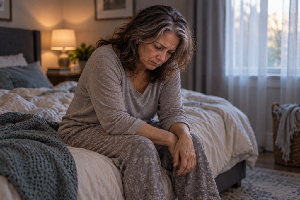 Person sitting on the edge of a bed in the morning, shoulders slumped, looking at the floor.