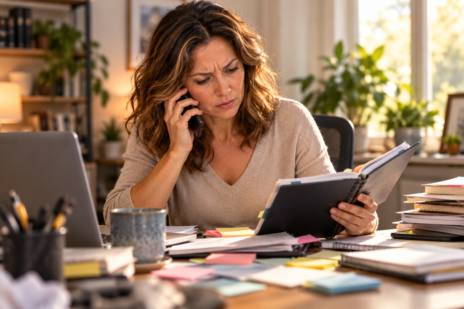 Person at a cluttered desk gripping a phone and planner, brow furrowed and shoulders tense.
