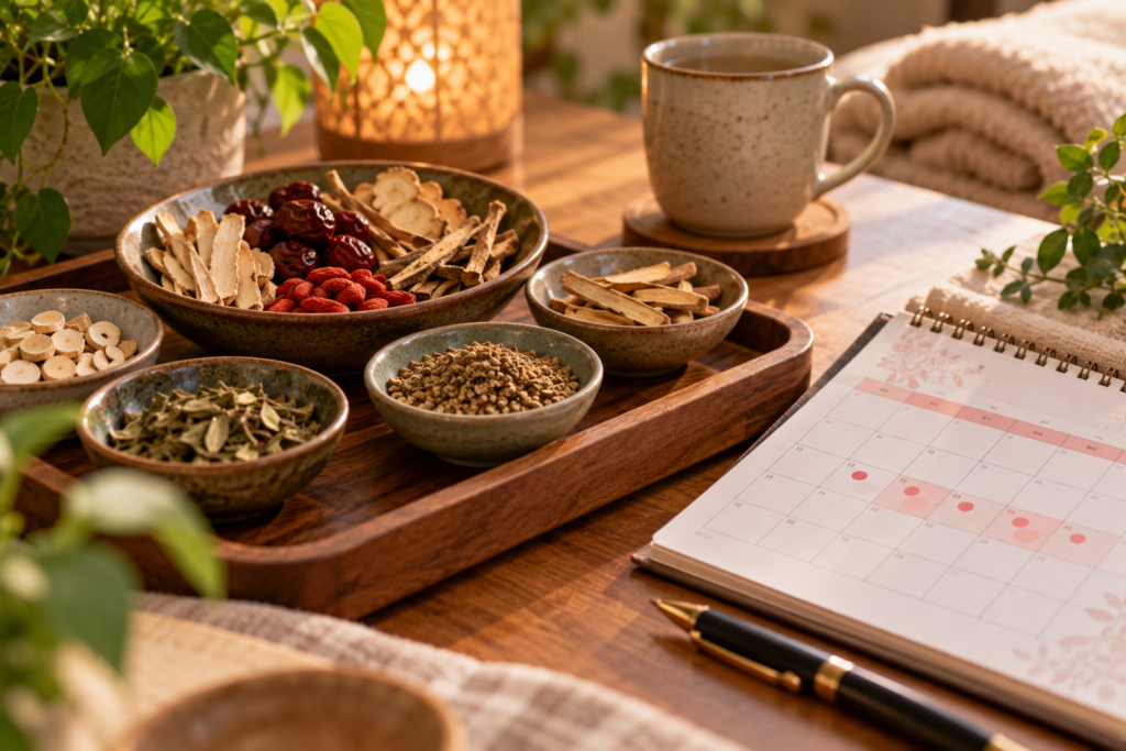 Dried Chinese herbs and bowls of herbal granules on a wooden tray beside a cycle calendar.