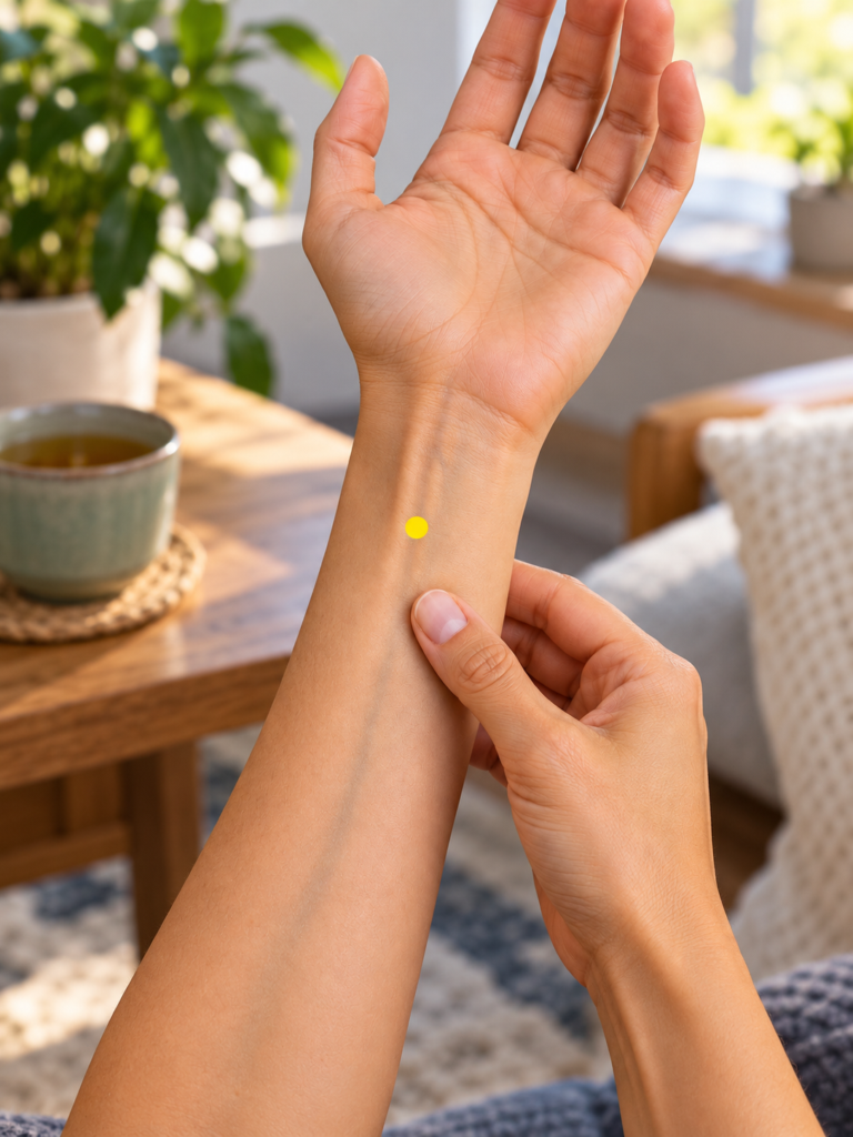 Close-up of a thumb pressing the inner forearm above the wrist crease, with a yellow dot marking PC6.