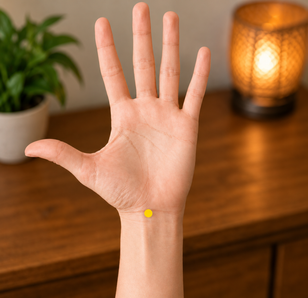 Close-up of a thumb pressing the center of the inner wrist crease, with a yellow dot marking PC7.