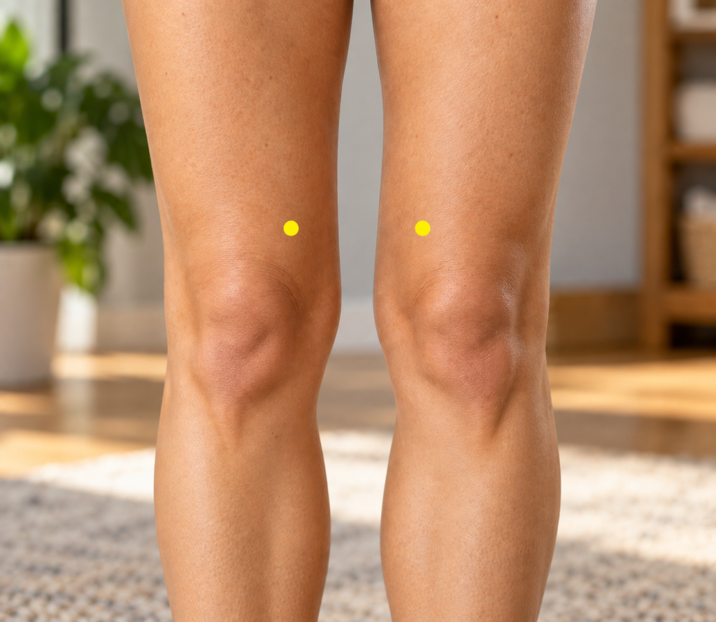 Close-up of a thumb pressing the inner thigh above the kneecap, with a yellow dot marking SP10.