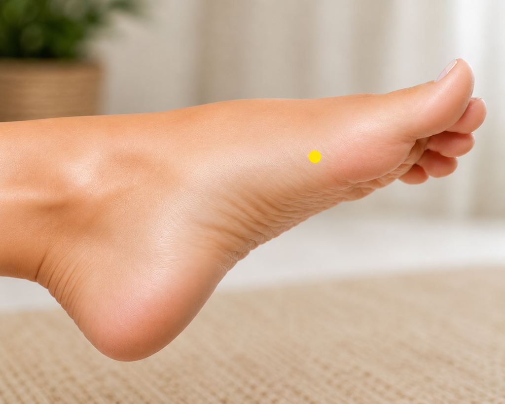 Close-up of a thumb pressing the inner edge of the foot behind the big toe joint, with a yellow dot marking SP3.