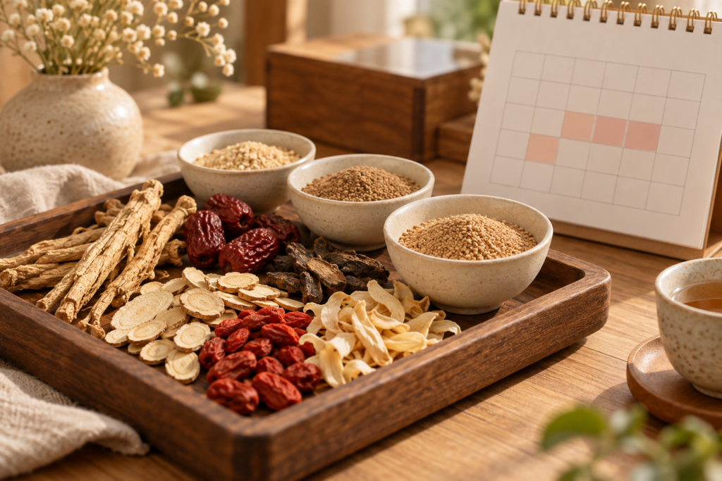 Dried Chinese herbs and bowls of herbal granules on a wooden tray beside a cycle calendar.