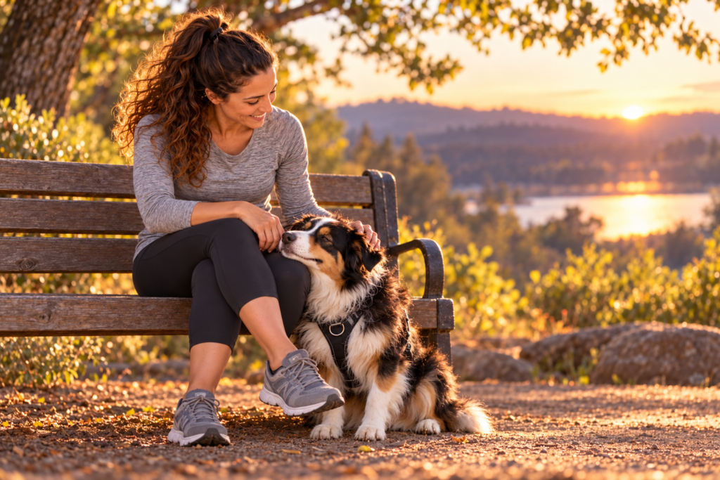 Person on a park bench at sunset with their dog resting its head on their knee, both content.