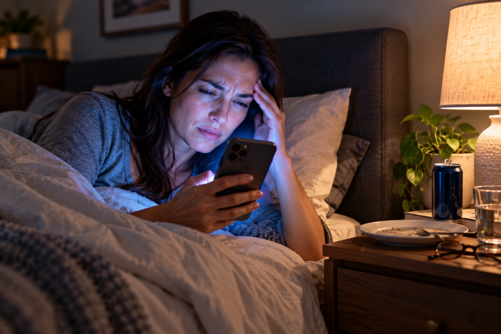 Tired woman squinting at a bright phone screen in bed late at night, with an empty plate and an energy drink on the nightstand, illustrating screen glare, poor sleep, and skipped meals as ocular migraine triggers.