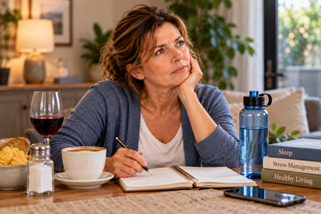 Woman recording possible Ménière’s disease triggers in a journal with salt, coffee, wine, and water nearby.