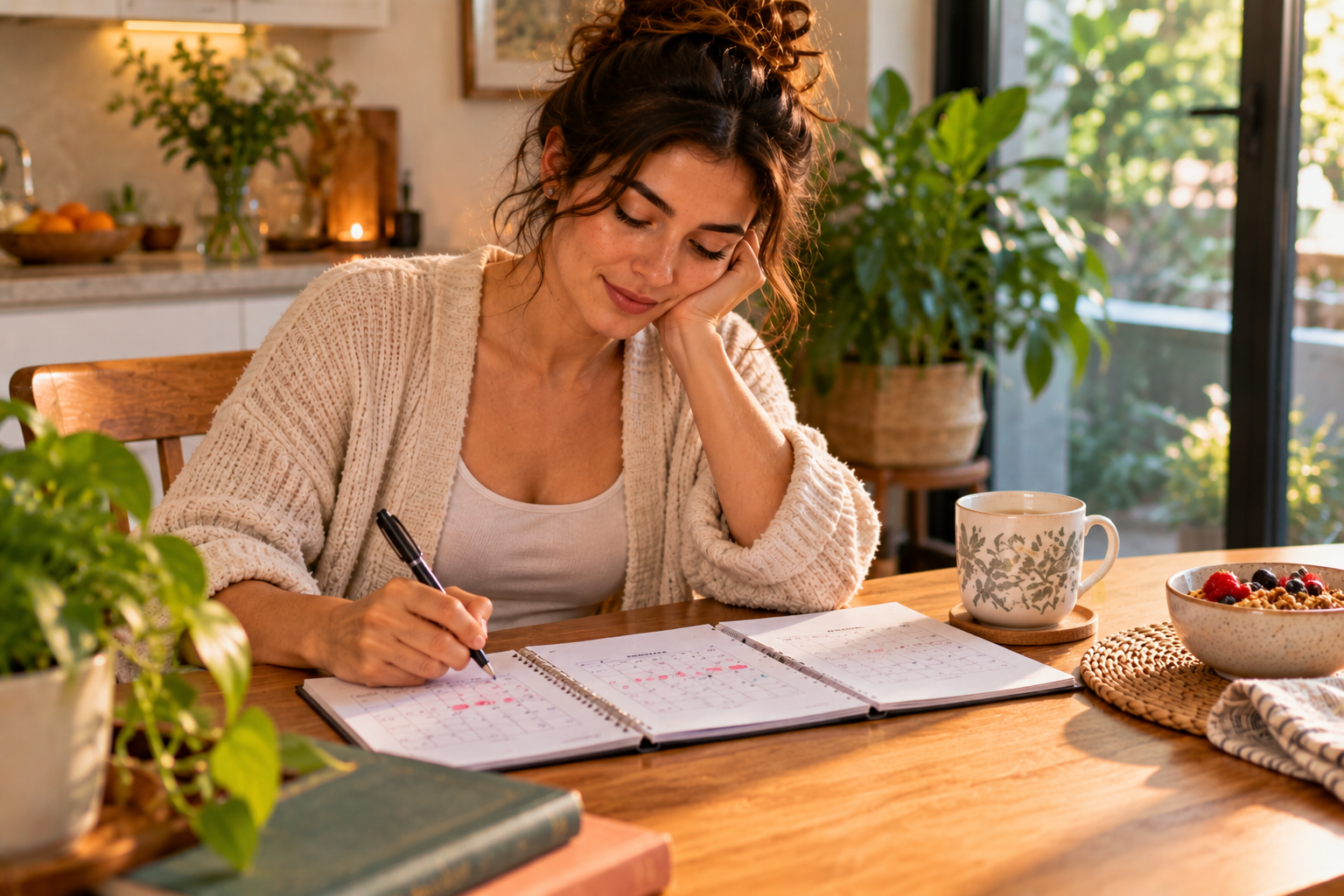 Woman tracking her menstrual cycle in a planner at a sunny kitchen table,