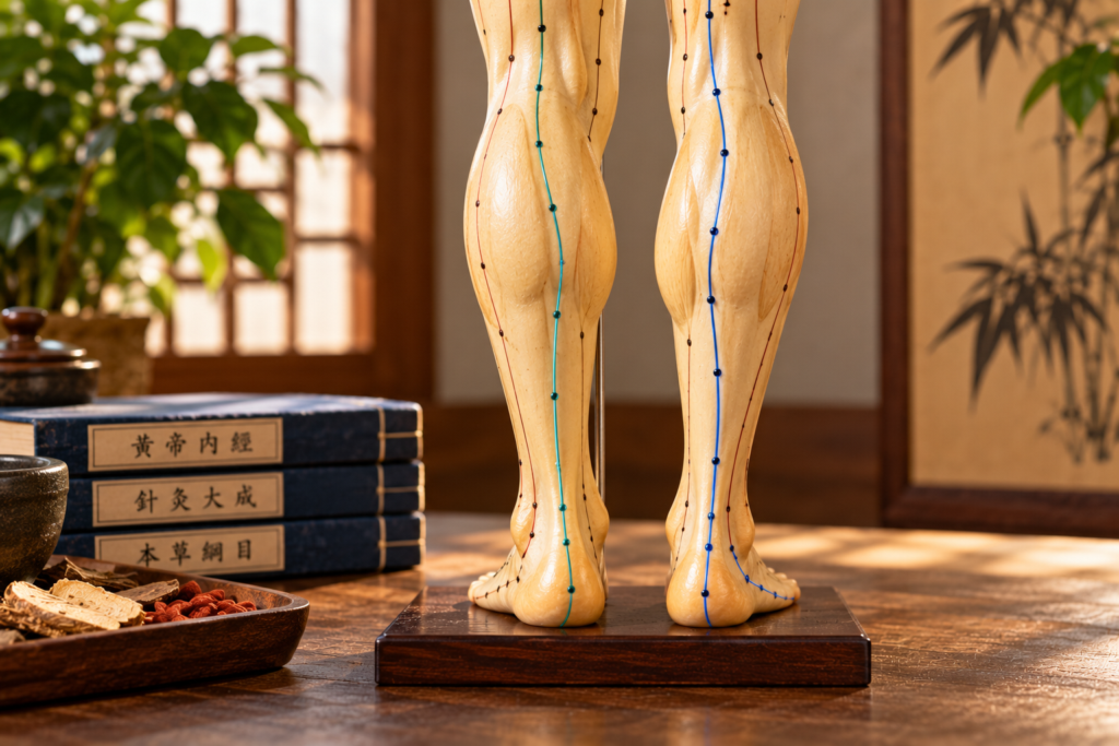Anatomical acupuncture meridian model displaying pathways and acupoints along the calves, ankles, and heels, surrounded by traditional Chinese medicine books and herbs.