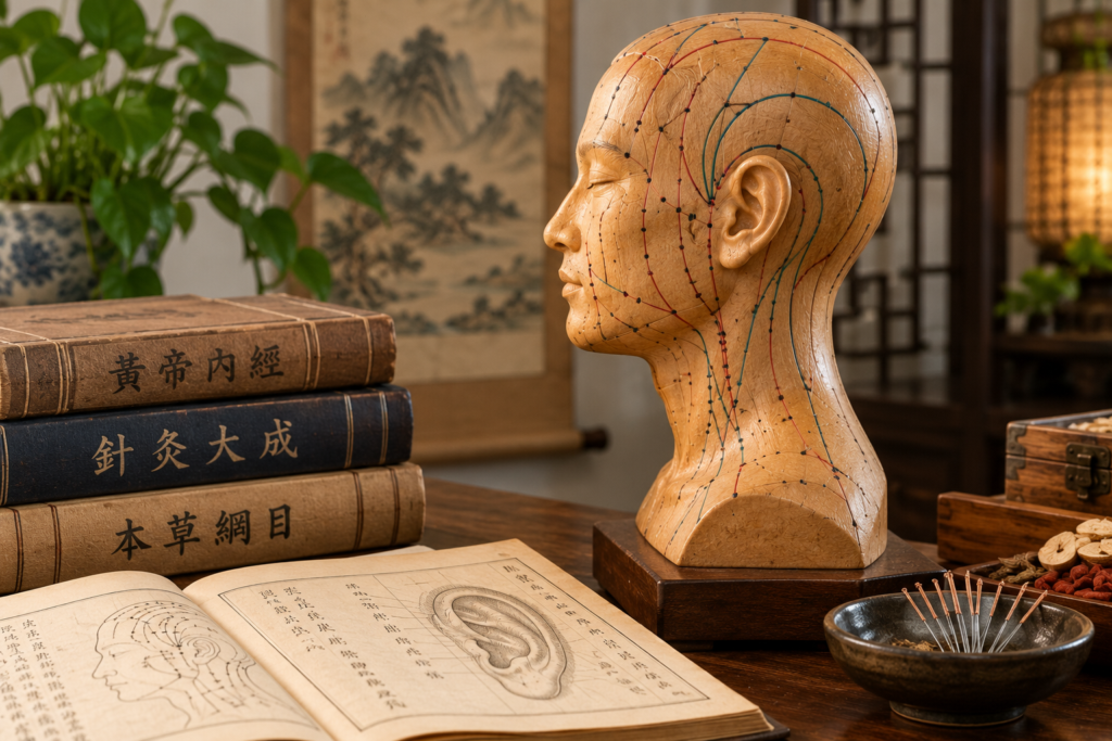 Wooden acupuncture meridian model of the head and neck displayed alongside classical Chinese medicine books, an anatomical ear illustration, and acupuncture needles.