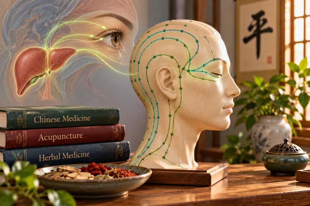 Acupuncture meridian model illustrating the Gallbladder channel around the temples and eyes, alongside a diagram connecting the Liver and vision in Chinese medicine.