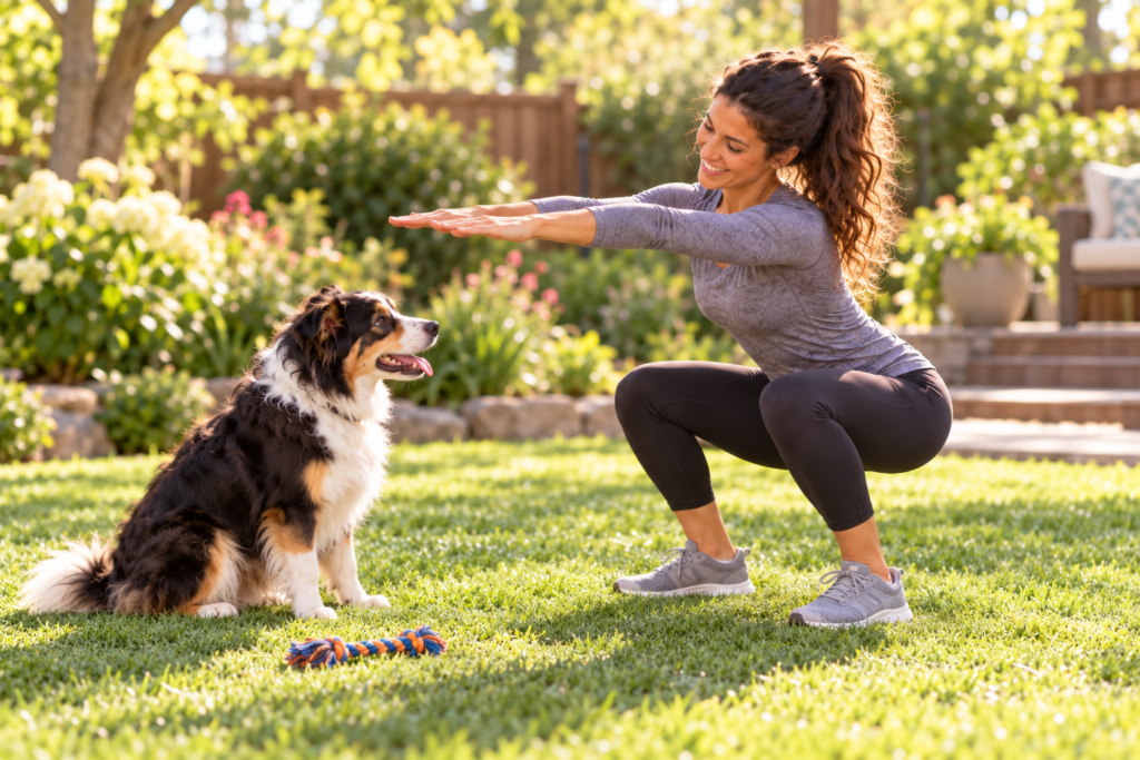Person doing a squat in a backyard while their dog holds a patient sit-stay.