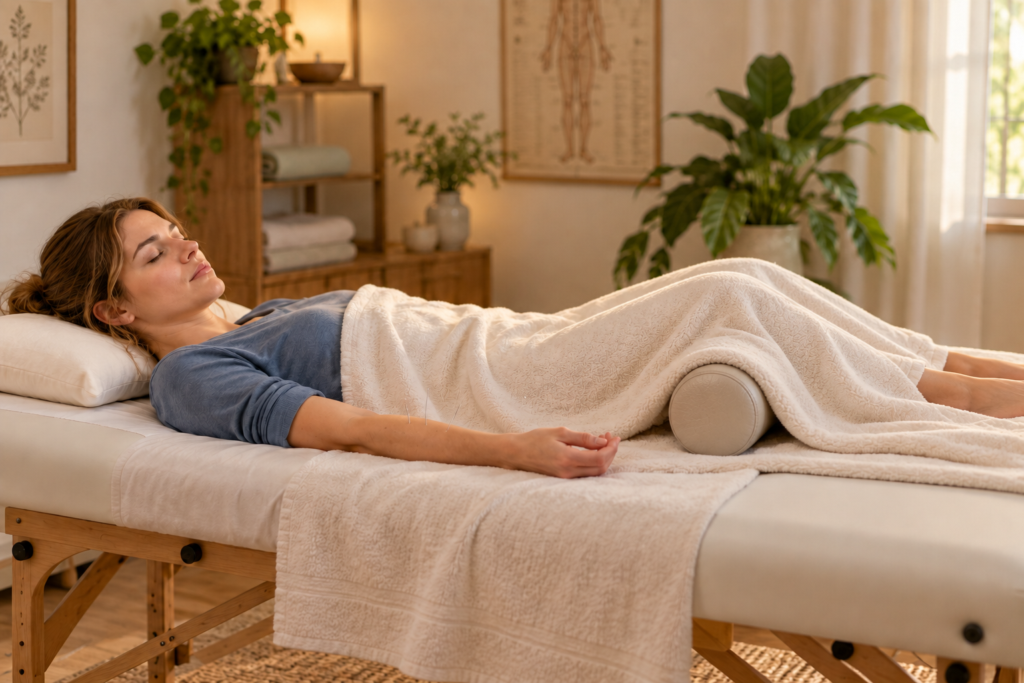 Woman resting on a treatment table with legs raised on a bolster, fine needles in her forearm.