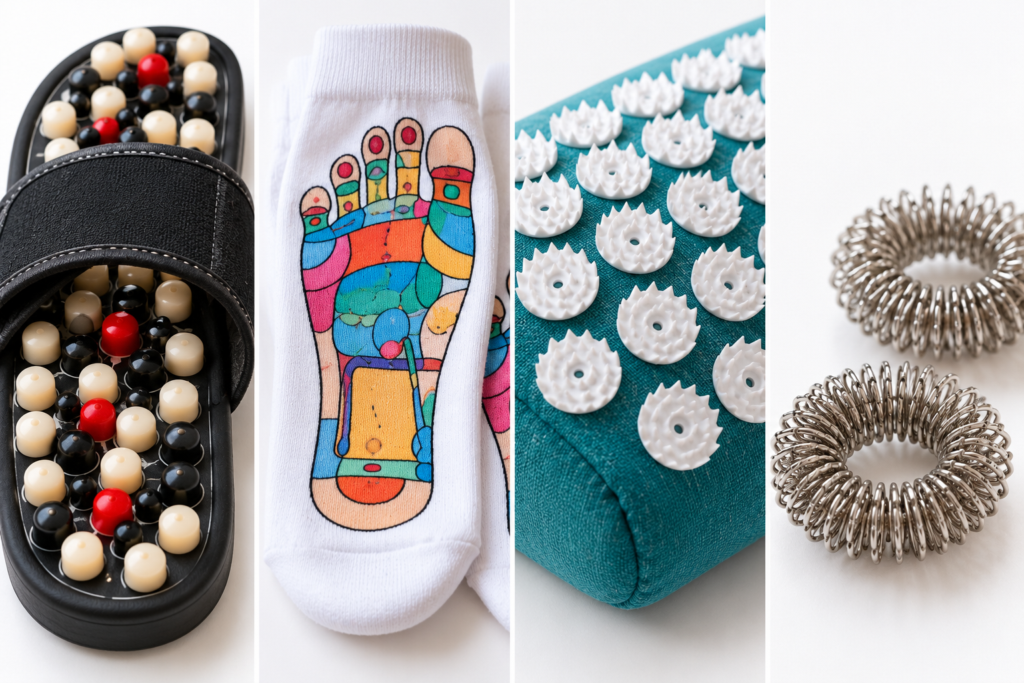Close-up details of an acupressure slipper sole, a printed reflexology sock, a spiked acupressure pillow, and a spiky metal finger ring.