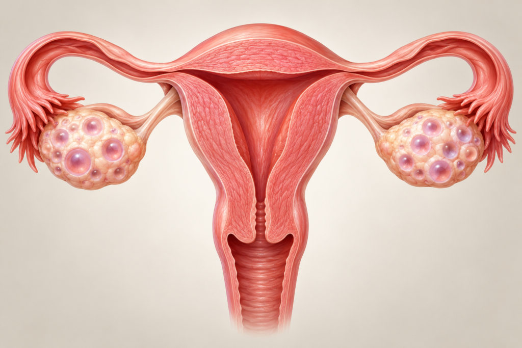 Illustration of a uterus and ovaries with several small follicles on the ovaries.
