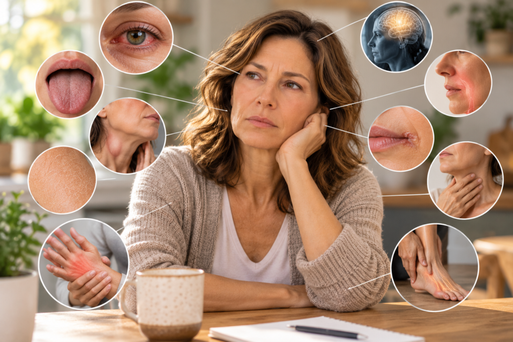 Woman with Sjögren’s syndrome surrounded by images illustrating dry eyes, dry mouth, salivary gland swelling, dry skin, joint pain, and nerve symptoms.