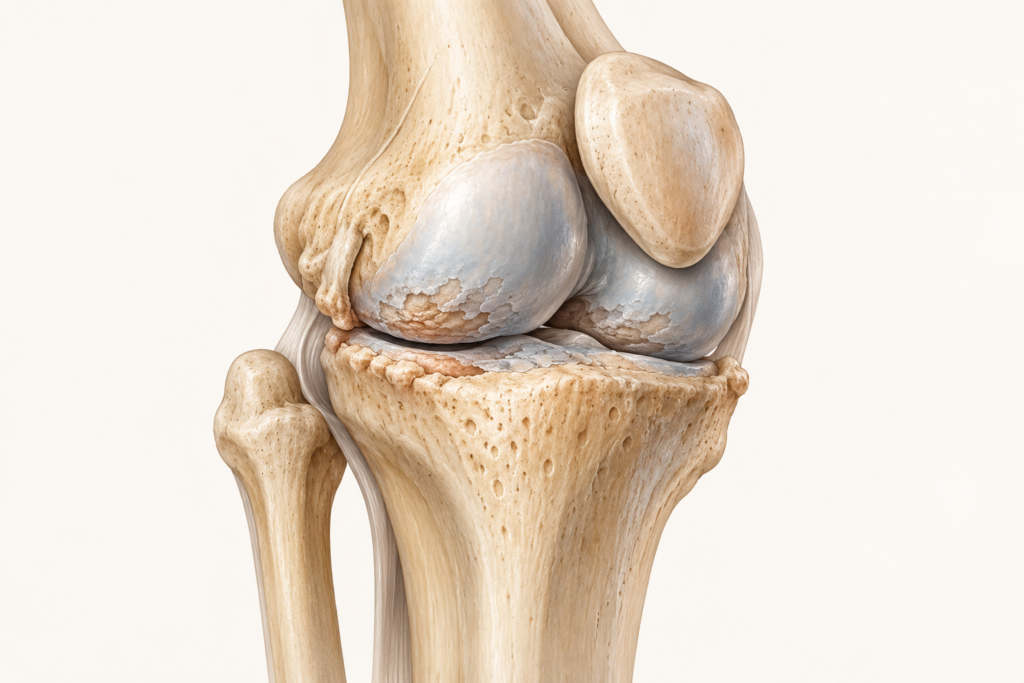 Medical illustration of a knee joint with thinning cartilage and small bone spurs.
