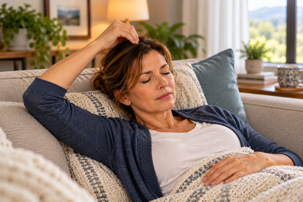 Woman resting on a couch with her eyes closed while applying gentle acupressure to the top of her head.