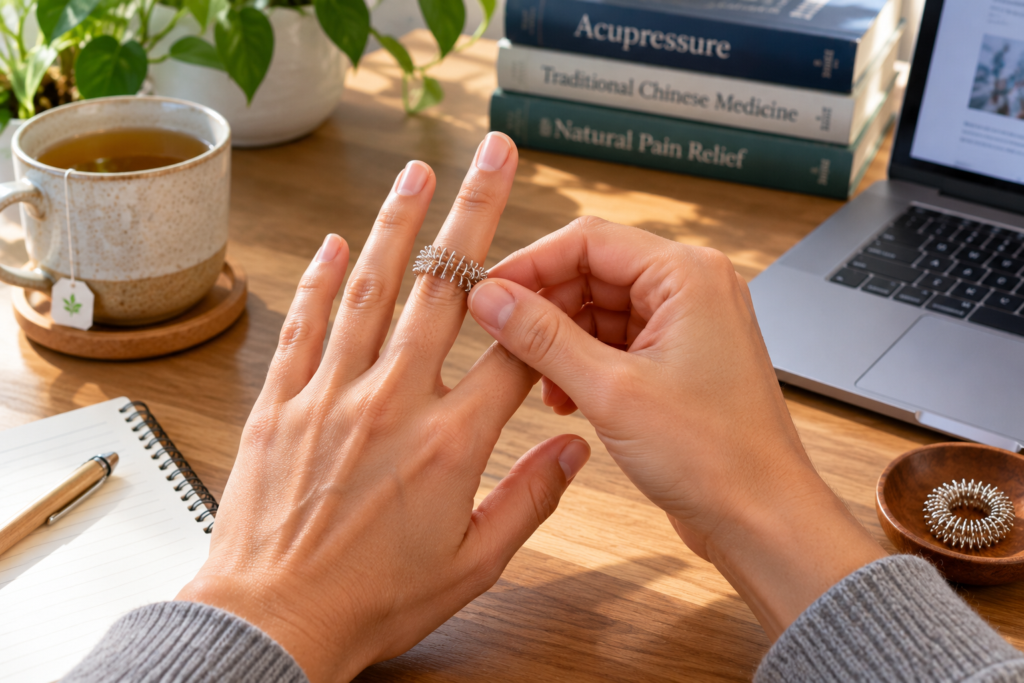 Close-up of hands gently rolling a silver spiky acupressure ring along a finger at a wooden desk with a laptop, notebook, and cup of tea.