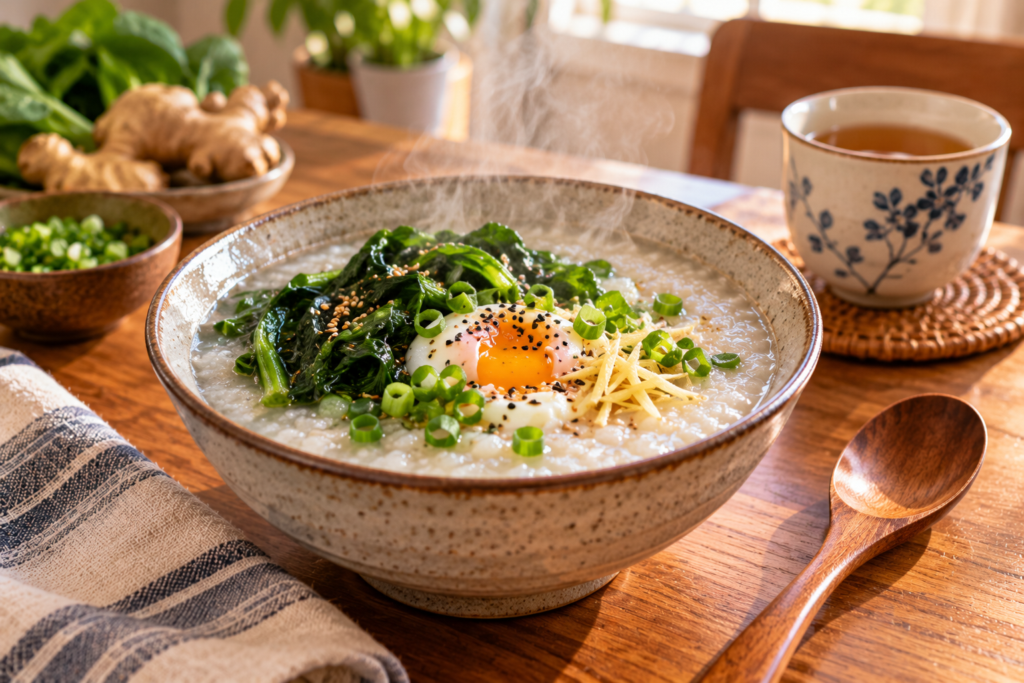 Steaming bowl of congee topped with greens and an egg on a kitchen table.