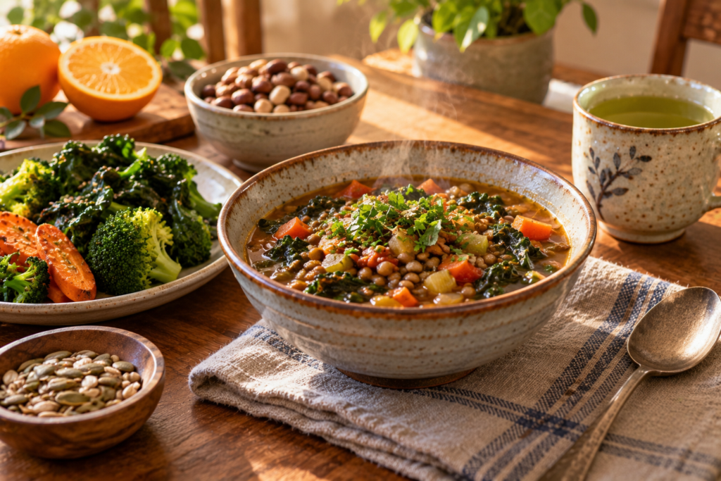 Bowl of warm lentil and vegetable stew with leafy greens and broccoli beside a cup of green tea on a wooden table.