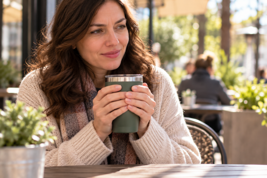 Woman at a sunny café holding a hot drink in an insulated mug, wearing a light cardigan, fingers warm.
