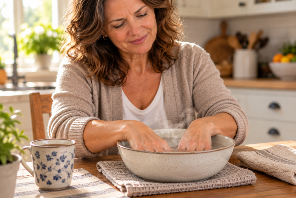 Hands soaking in a bowl of warm water on a table, steam rising gently.