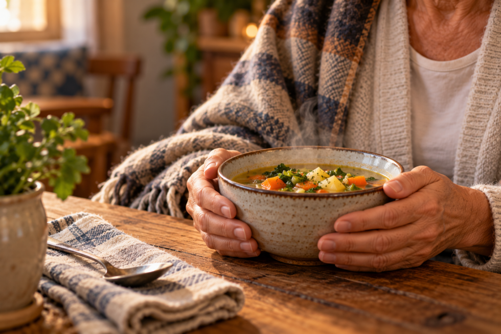 Older person's hands wrapped around a warm bowl of vegetable soup, a blanket over their lap.