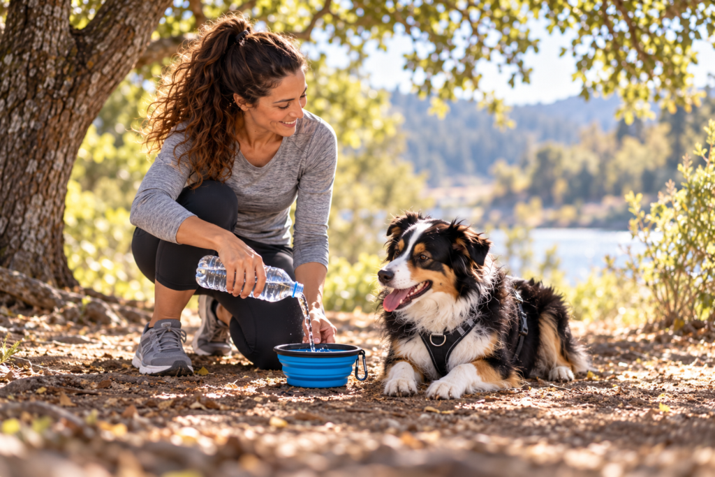 Person pouring water into a collapsible bowl for a panting dog resting in the shade.