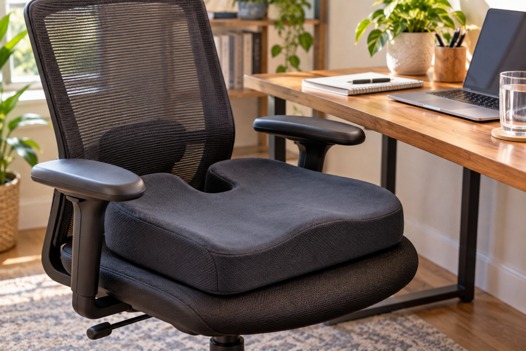 Wedge-shaped seat cushion with a cutout at the back resting on an office chair at a tidy desk.
