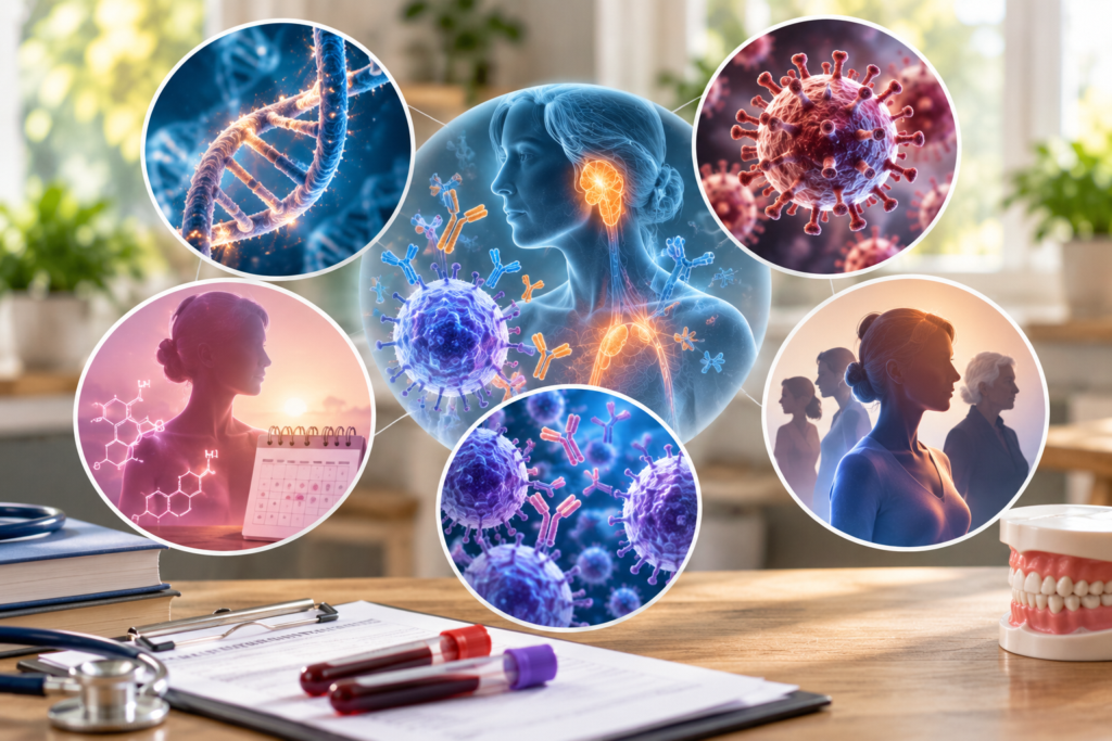 Medical illustration showing genetic, viral, hormonal, and autoimmune factors associated with Sjögren’s syndrome.