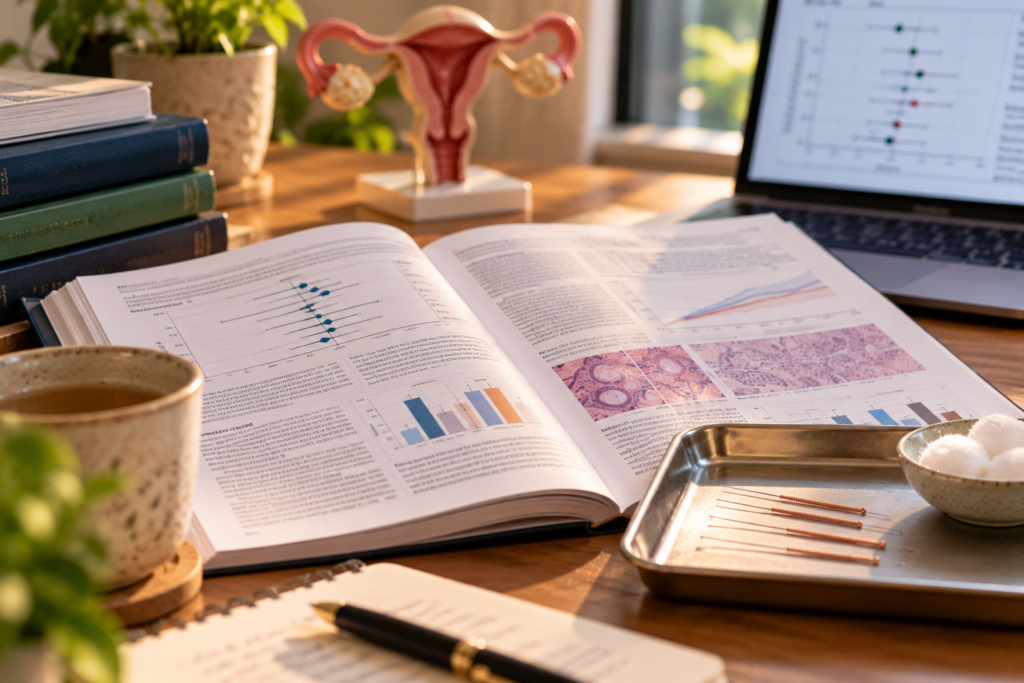 PCOS research displayed in an open medical journal beside an anatomical uterus model and acupuncture needles.