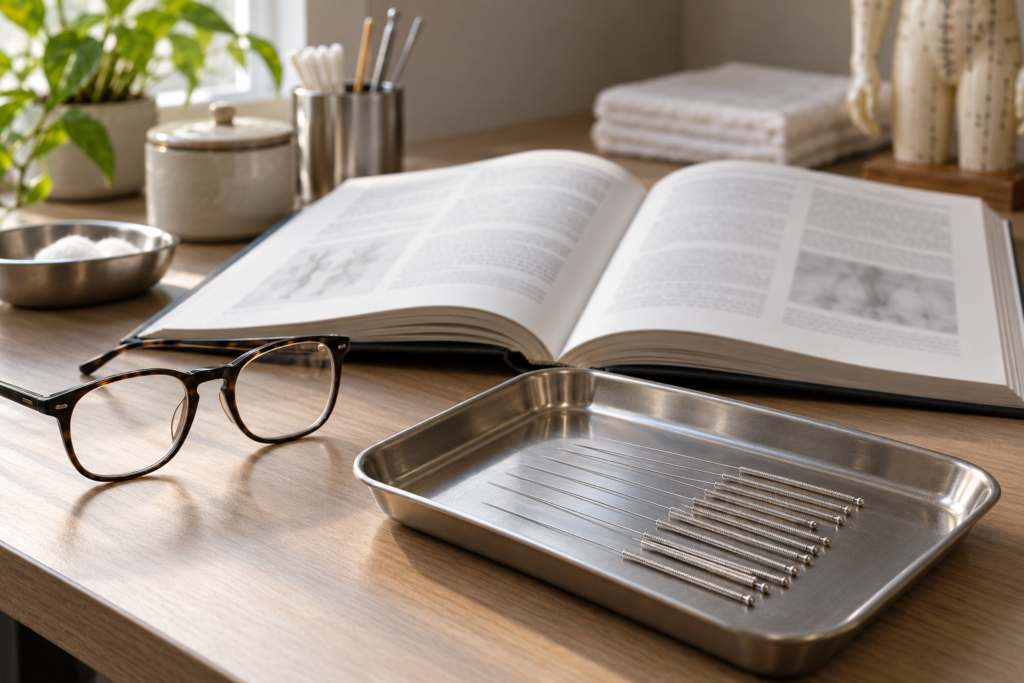 Acupuncture needles on a clinical tray beside an open journal and reading glasses.