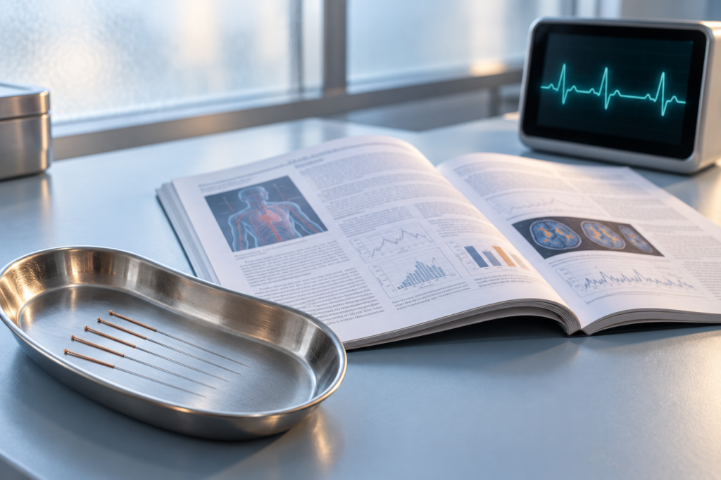 Acupuncture needles on a clinical tray beside an open journal and a heart rate monitor.