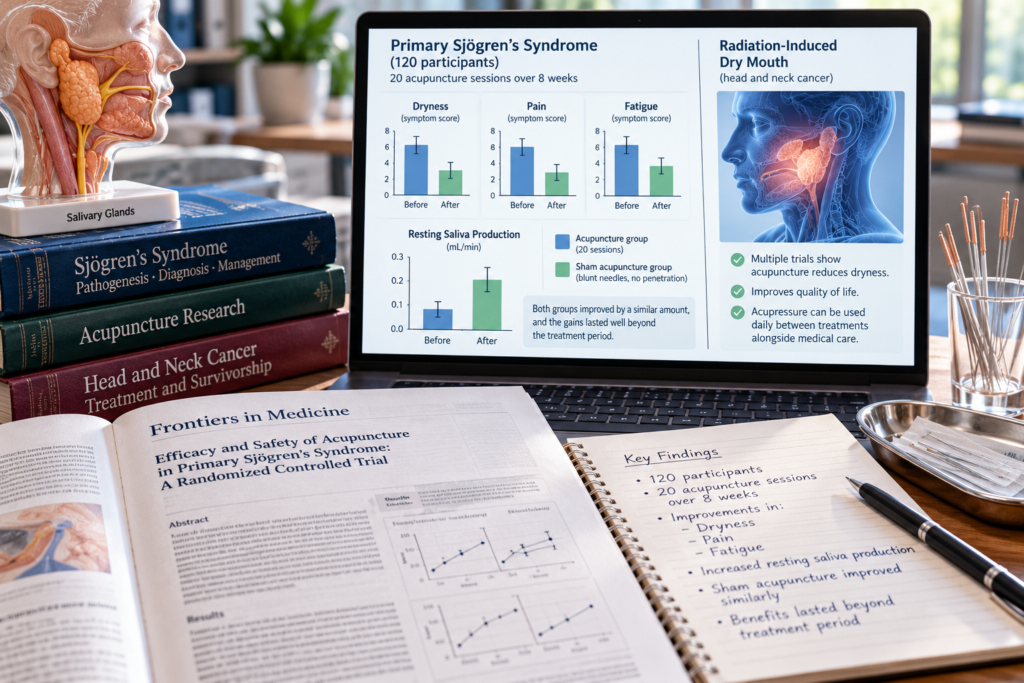 Scientific research display showing acupuncture studies for Sjögren’s syndrome, saliva production, dryness, pain, and fatigue.