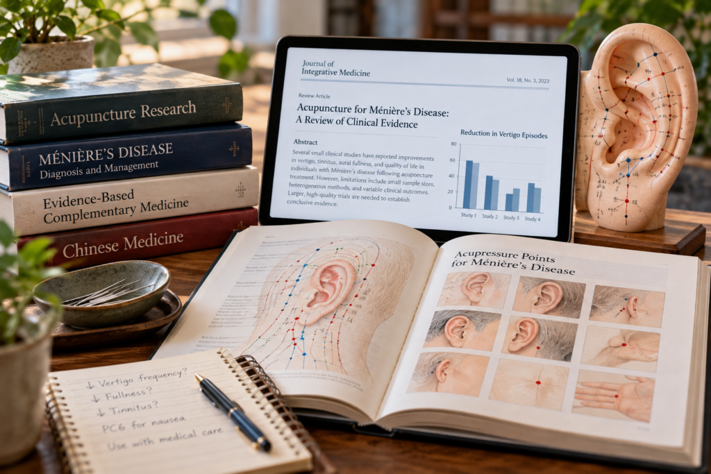 Acupuncture research materials, inner ear anatomy, and acupressure references arranged on a desk for Ménière’s disease research.